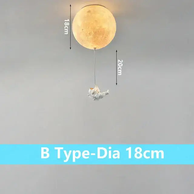 Decorbites astronaut bubble chandelier light featuring a warm moon-shaped lamp with detailed craters and hanging astronaut figurine