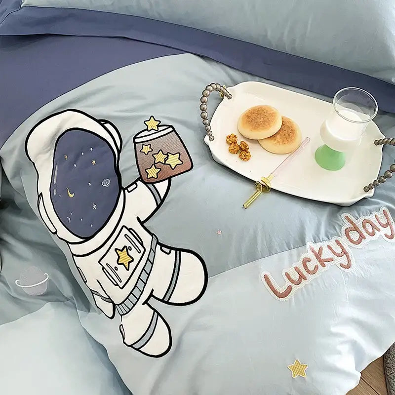 Light blue 100% cotton decorbites astronaut cartoon pillowcase with embroidered stars and lucky day text for boys bedding set