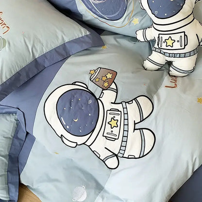 Light blue 100% cotton decorbites astronaut cartoon bedding set featuring a cartoon astronaut holding a starry mug