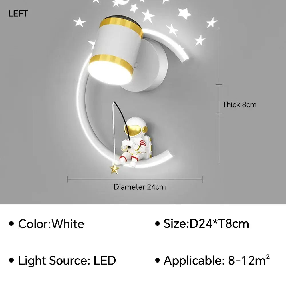 White led wall lamp with gold trim and astronaut cartoon fishing under the light by decorbites astronaut cartoon