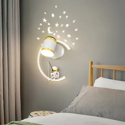 White and gold crescent moon wall lamp with glowing astronaut cartoon figurine for decorbites astronaut cartoon decor