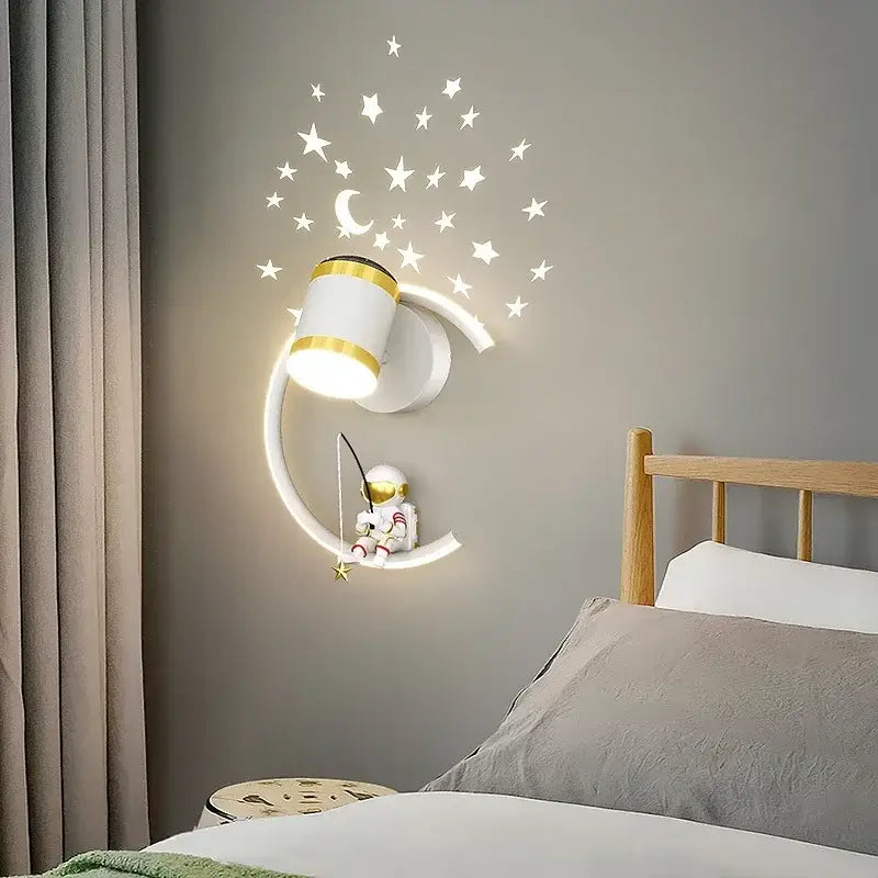 White and gold crescent moon wall lamp with glowing astronaut cartoon figurine for decorbites astronaut cartoon decor