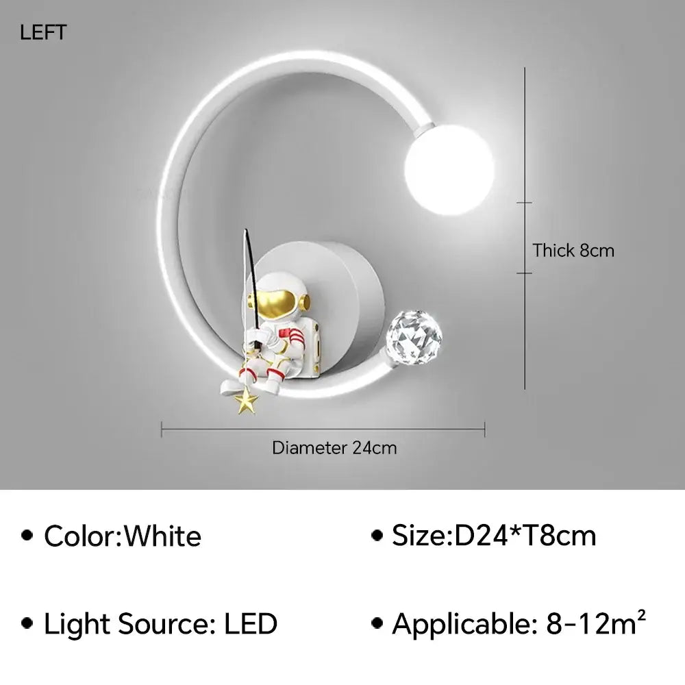 White led wall lamp by decorbites featuring a curved circular design with astronaut cartoon and crystal accent
