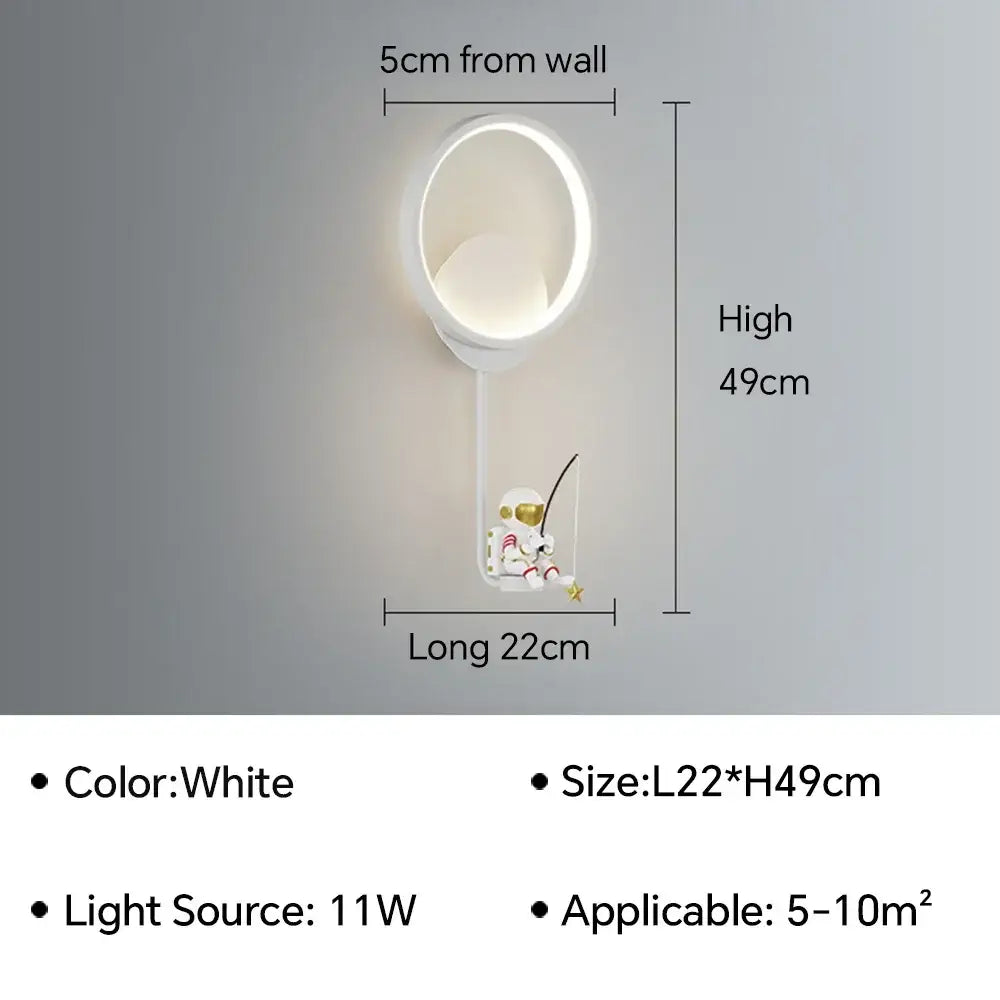 White circular wall lamp with whimsical decorbites astronaut cartoon figurine and led light for modern home decor