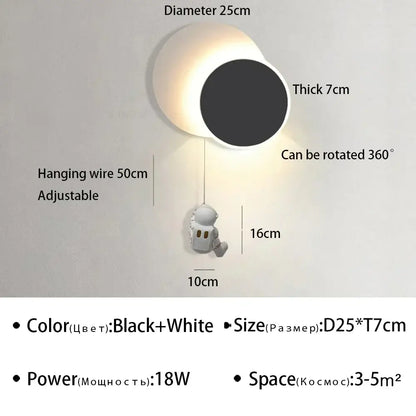 DecorBites astronaut cartoon wall lamp in white and black with 25cm diameter and adjustable hanging wire for rotation