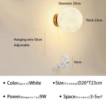 Decorbites astronaut cartoon white spherical wall lamp with gold base and adjustable wire featuring moon-like texture