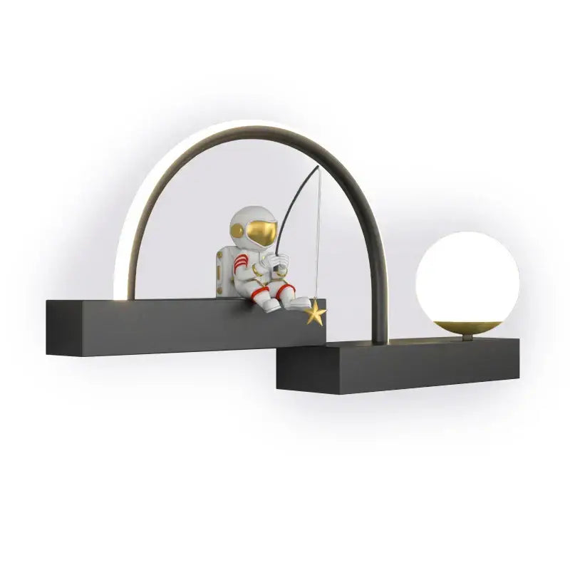 Decorbites astronaut cartoon white metal sconce with gold visor and red stripes holding fishing rod on black shelf
