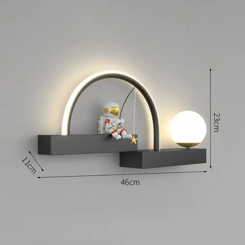 Modern gray metal decorbites astronaut cartoon sconce with curved arch globe and astronaut fishing for a star
