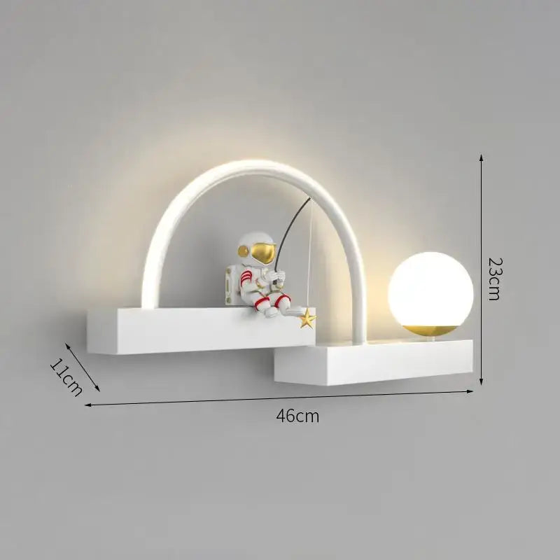 White metal wall-mounted decorbites astronaut cartoon sconce with curved arch, shelves, astronaut figurine, and globe lamp