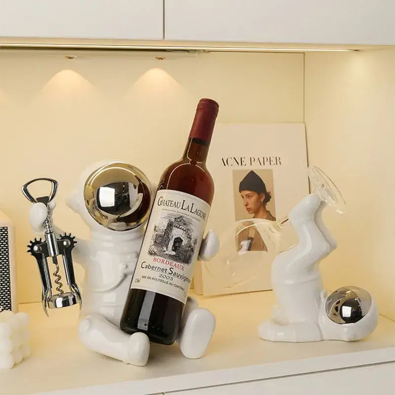 Decorbites astronaut ceramic white wine rack figurine holding a red wine bottle handmade bar accessory