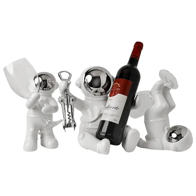 Decorbites astronaut ceramic white wine rack figurines with chrome helmets holding wine bottle and corkscrew accessories
