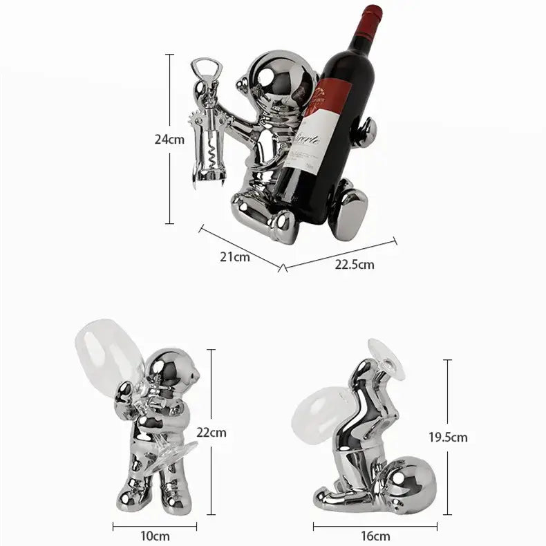 Shiny chrome decorbites astronaut ceramic wine rack figurine holding wine bottle and corkscrew for bar decor