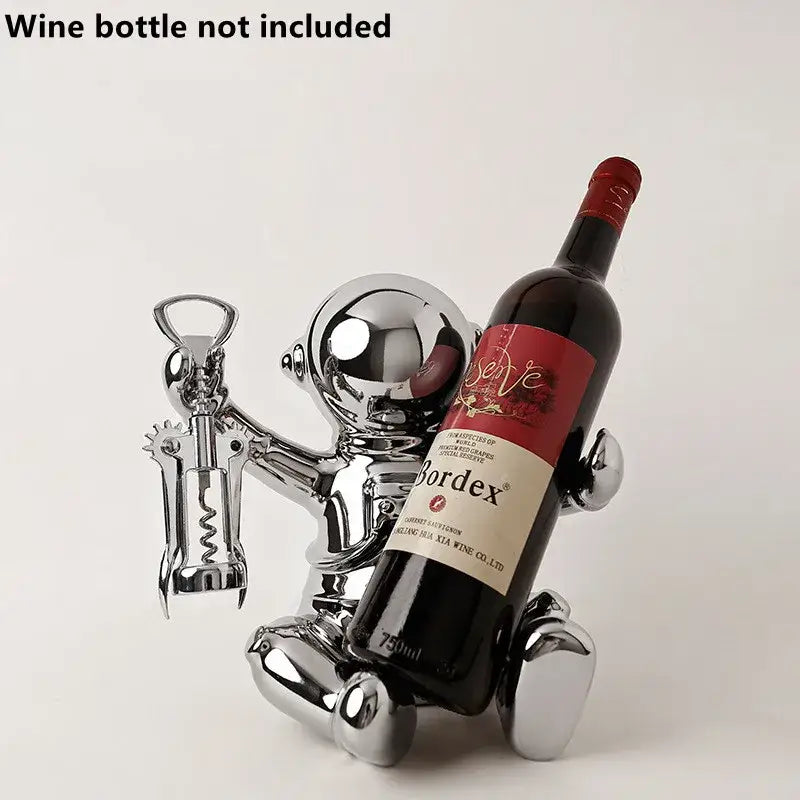 DecorBites astronaut ceramic wine rack shiny chrome astronaut bottle holder with integrated corkscrew accessory