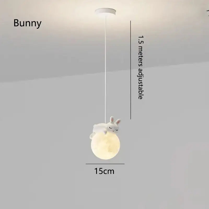 White bunny-shaped pendant light with glowing moon base suspended by adjustable cord in decorbites astronaut chandelier