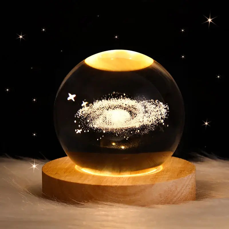 DecorBites™ crystal ball night light with a glowing galaxy design on a wooden base USB powered bedside lamp