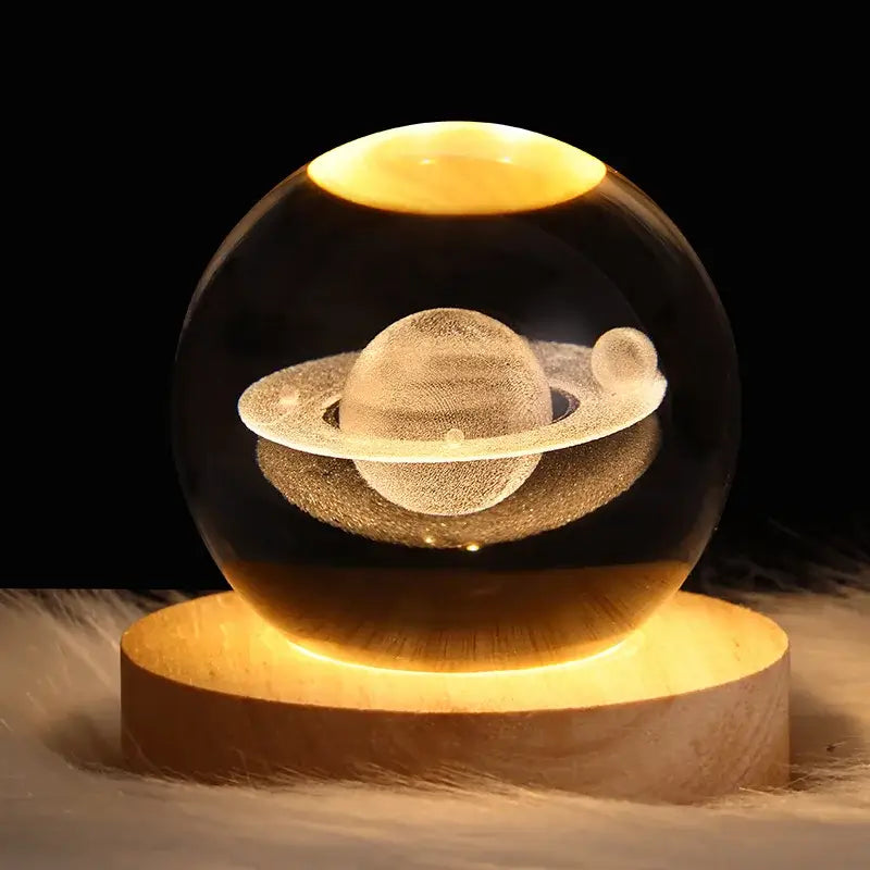 Illuminated warm-toned crystal ball night light with 3d saturn engraving on wooden base usb powered bedside lamp