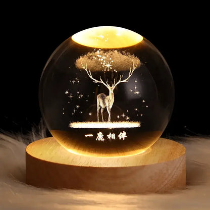 DecorBites™ warm USB powered crystal ball night light with engraved deer and Chinese characters perfect for bedside
