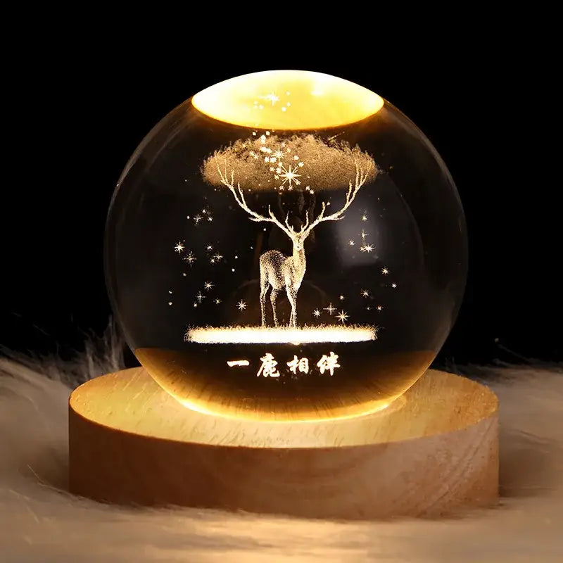 DecorBites™ warm USB powered crystal ball night light with engraved deer and Chinese characters perfect for bedside