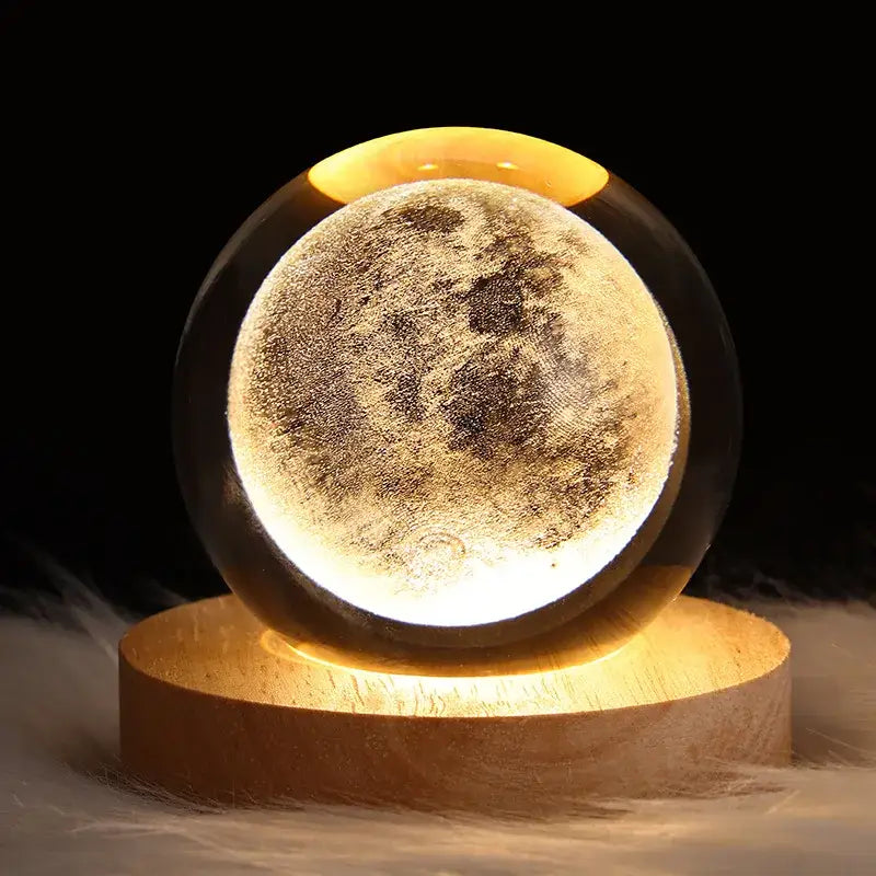 Decorbites astronaut crystal ball night light with glowing moon surface in clear glass and wooden base usb powered lamp