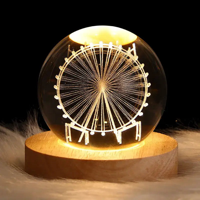 Decorbites™ astronaut crystal ball night light with warm glowing etched ferris wheel design on wooden base USB powered