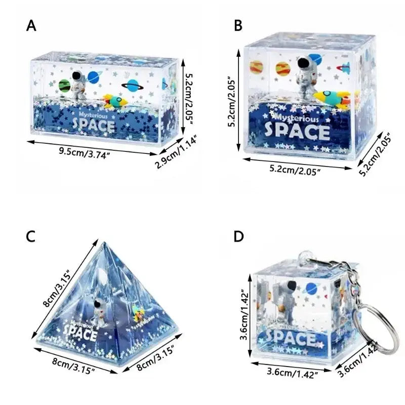 Clear plastic decorbites astronaut drift liquid-filled cube keychain with astronaut planets and stars for stress relief and decor