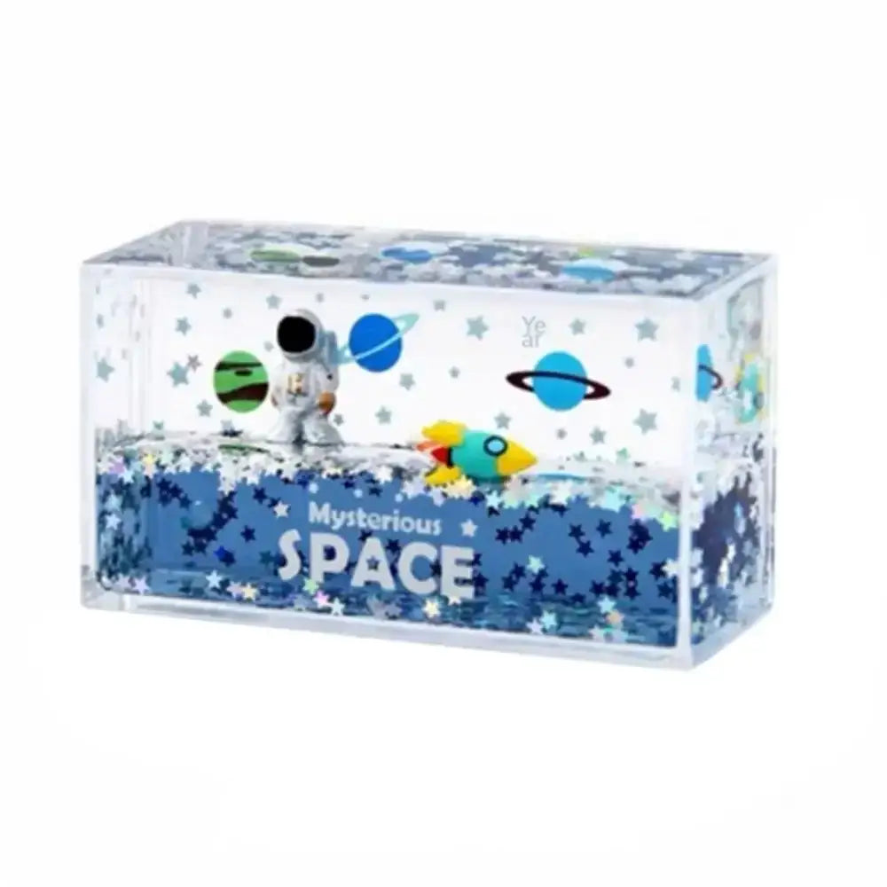 Clear rectangular resin decorbites astronaut drift keychain with blue liquid space scene for stress relief and decor