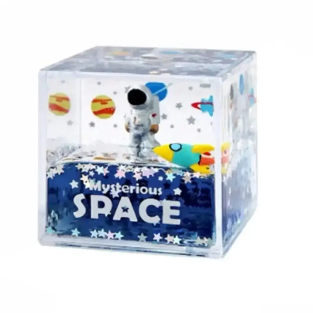 Clear cube-shaped decorbites astronaut drift keychain with white astronaut figurine colorful rockets and planet decals