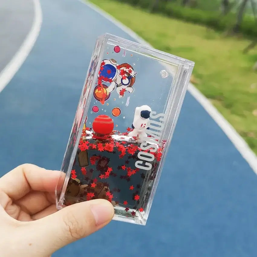 Clear rectangular phone case with cosmic design featuring astronaut planets and red star confetti for decorbites astronaut drift