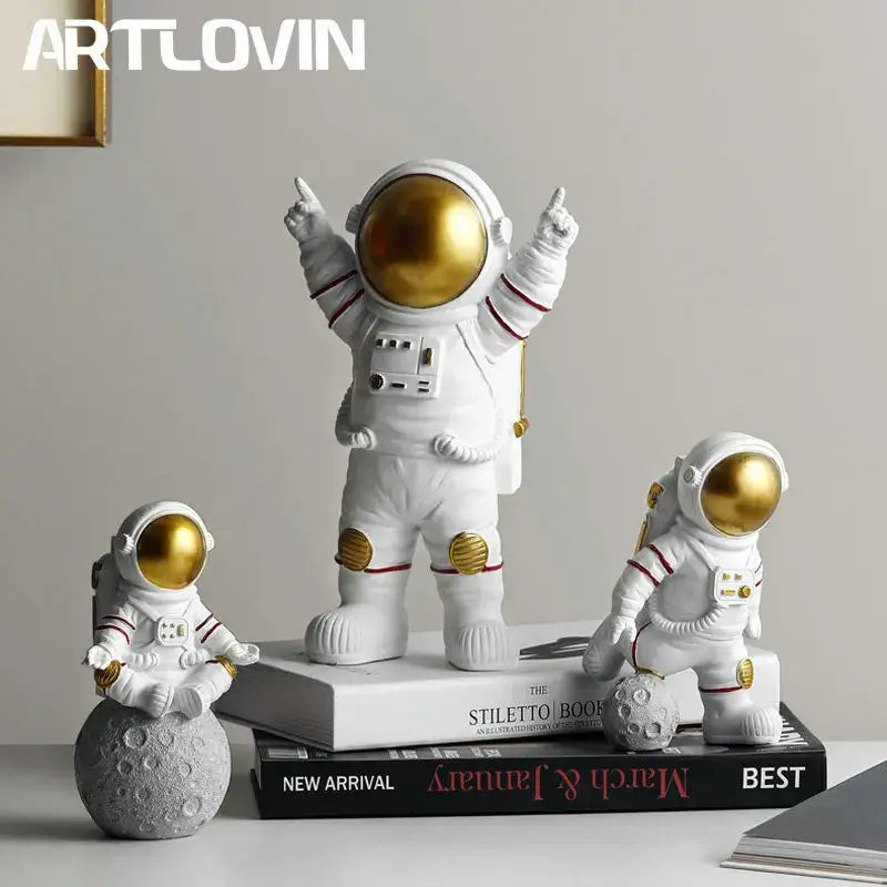 DecorBites astronaut figurine abstract sculpture in white with gold visor and red-striped suit for modern home decor
