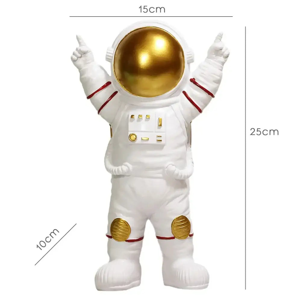 White astronaut figurine with shiny gold helmet and red-striped arms from decorbites astronaut figurines collection