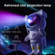 Decorbites astronaut galaxy night light projector lamp featuring white astronaut shape with glowing purple blue visor and yellow accents