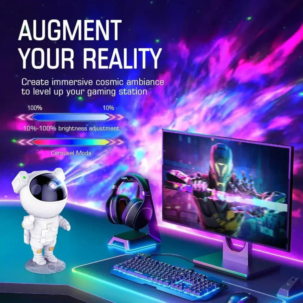 White decorbites astronaut galaxy led projector with black visor and blue glow creating immersive galaxy night light ambiance