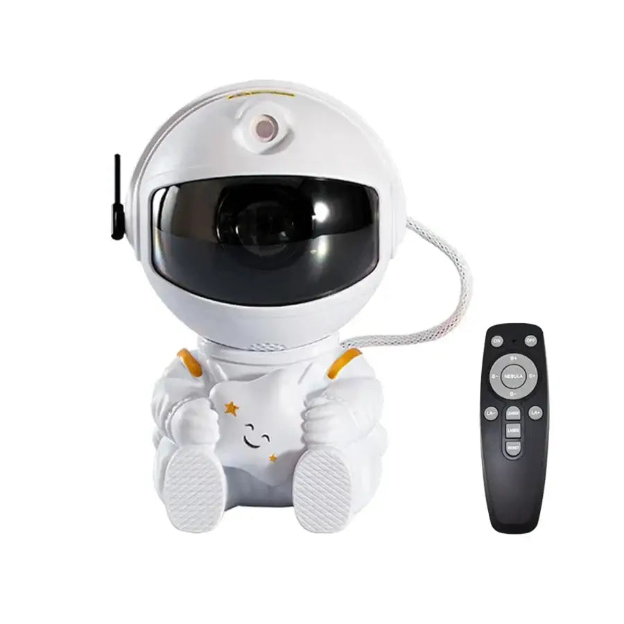 White astronaut-themed decorbites astronaut galaxy starry sky night light with remote in cute seated pose with yellow accents