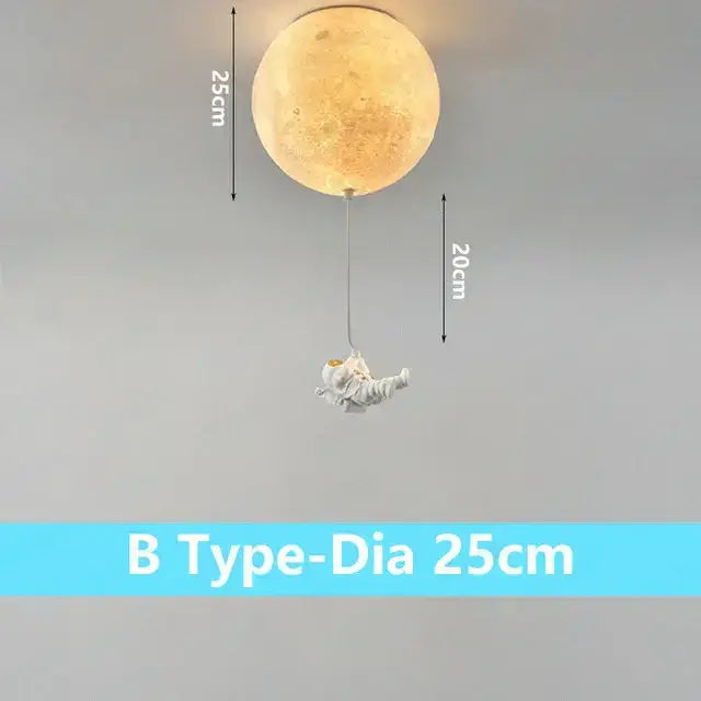 Warm textured golden moon-shaped ceiling light with white astronaut figurine hanging for kids room decorbites astronaut globe