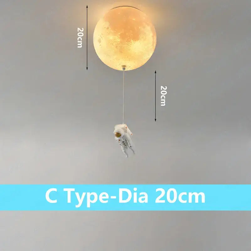 A glowing 20cm decorbites astronaut globe ceiling light with detailed moon texture and astronaut figurine for kids room