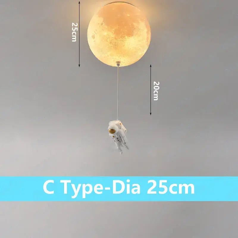 Warm-toned 25cm decorbites astronaut globe ceiling light featuring a moon shape with a dangling astronaut figure for kids room
