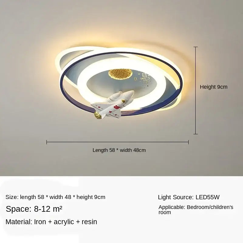 Modern led ceiling light with white and navy concentric rings, golden planet disc, and airplane model for decorbites astronaut kids bedroom