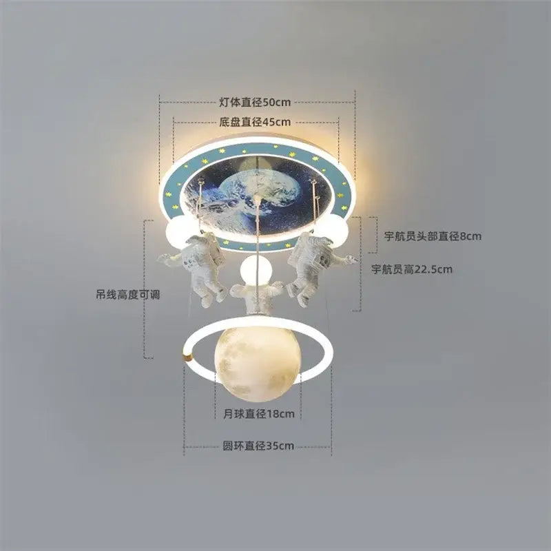 Decorbites astronaut led ceiling light featuring circular earth design with astronauts and moon orb in white plastic