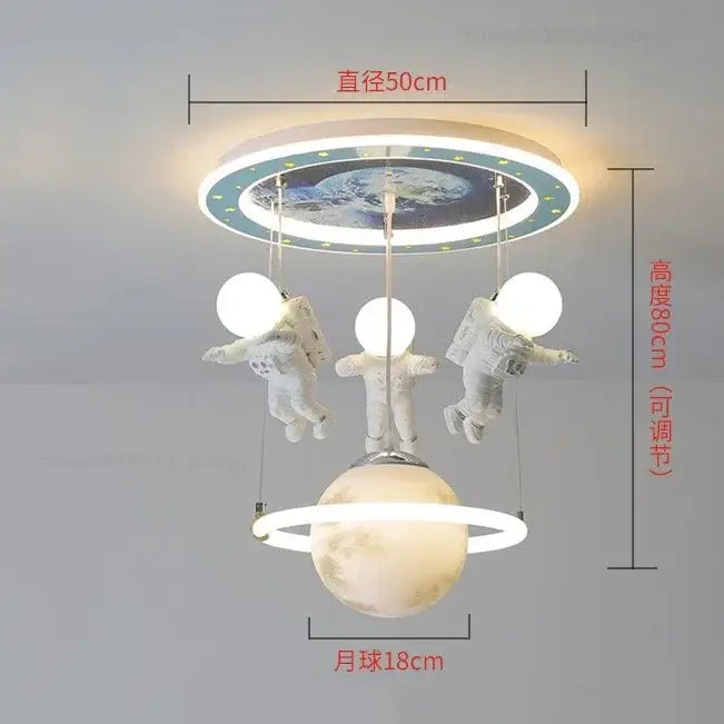 Circular decorbites astronaut led ceiling light featuring three white astronaut figurines and a detailed moon model