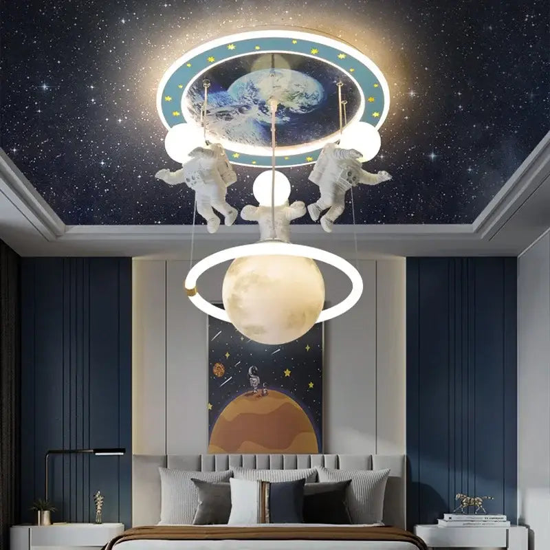 Decorbites astronaut led ceiling light with circular earth design, white astronaut figures, and glowing moon for kids rooms