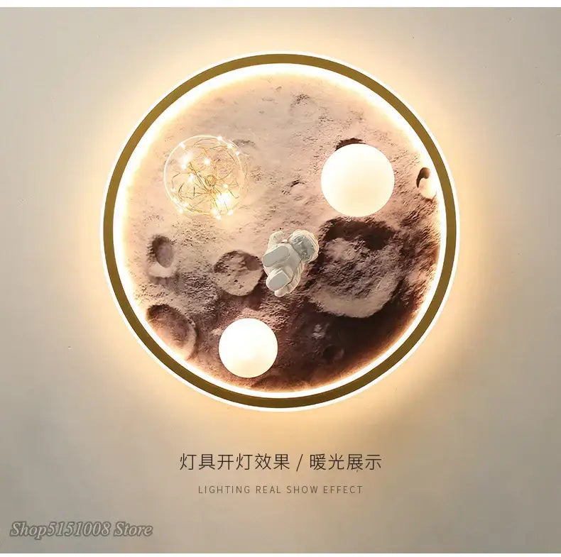 DecorBites astronaut led ceiling light with textured brown moon design, glowing orbs, and astronaut figurine for kids room