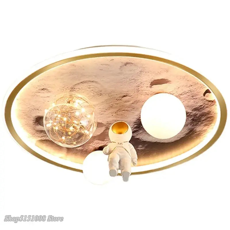 Oval ceiling light fixture with mars-themed design and astronaut figurine for kids room decorbites astronaut led ceiling