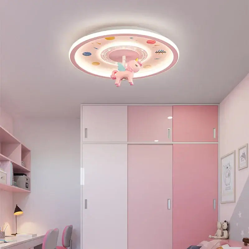 Pink unicorn-themed circular ceiling light with colorful celestial patterns from decorbites astronaut led collection