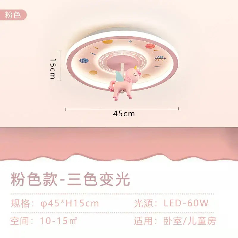 Pink unicorn-themed decorbites astronaut led ceiling light with circular space motif for kids room ceiling light
