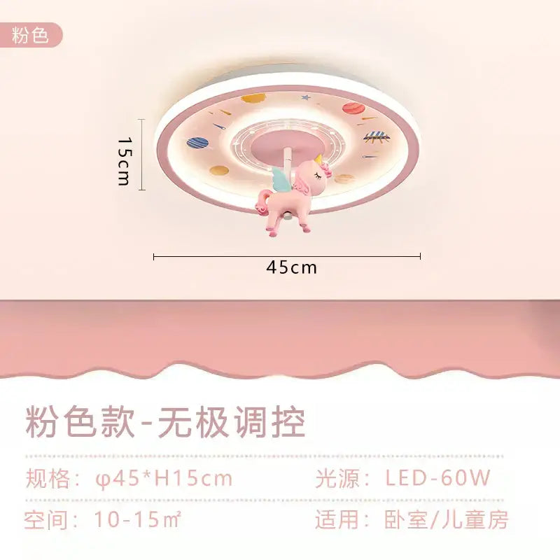 Pink unicorn-themed decorbites astronaut led ceiling light with circular design and space motifs for kids room