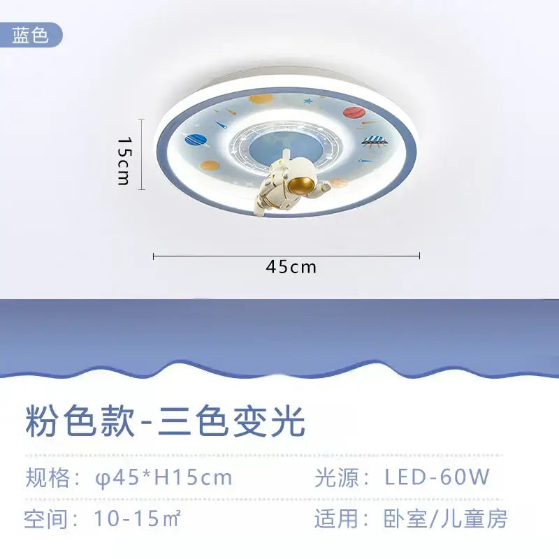 Blue circular DecorBites astronaut led ceiling light with central astronaut and colorful planets, 45cm diameter for kids room