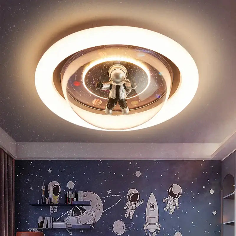 Decorbites astronaut led ceiling lights with a glowing white ring and silver astronaut figurine for children’s rooms