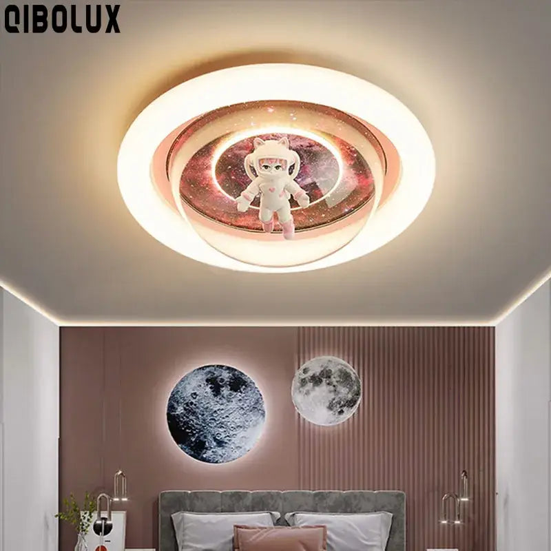 Decorbites astronaut led circular ceiling lights with glowing white ring and pink purple galaxy design for children’s rooms