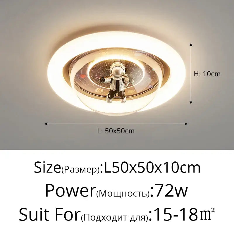 Circular decorbites astronaut led ceiling light with central astronaut figurine and warm white frosted glass rings