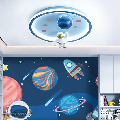 Blue circular ceiling lights with central planet and astronaut figurine by decorbites astronaut led for kids room decor